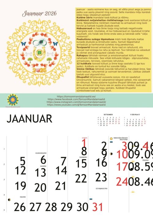 Mandala kalender 2026 kalendri leht - Jaanuar 2026